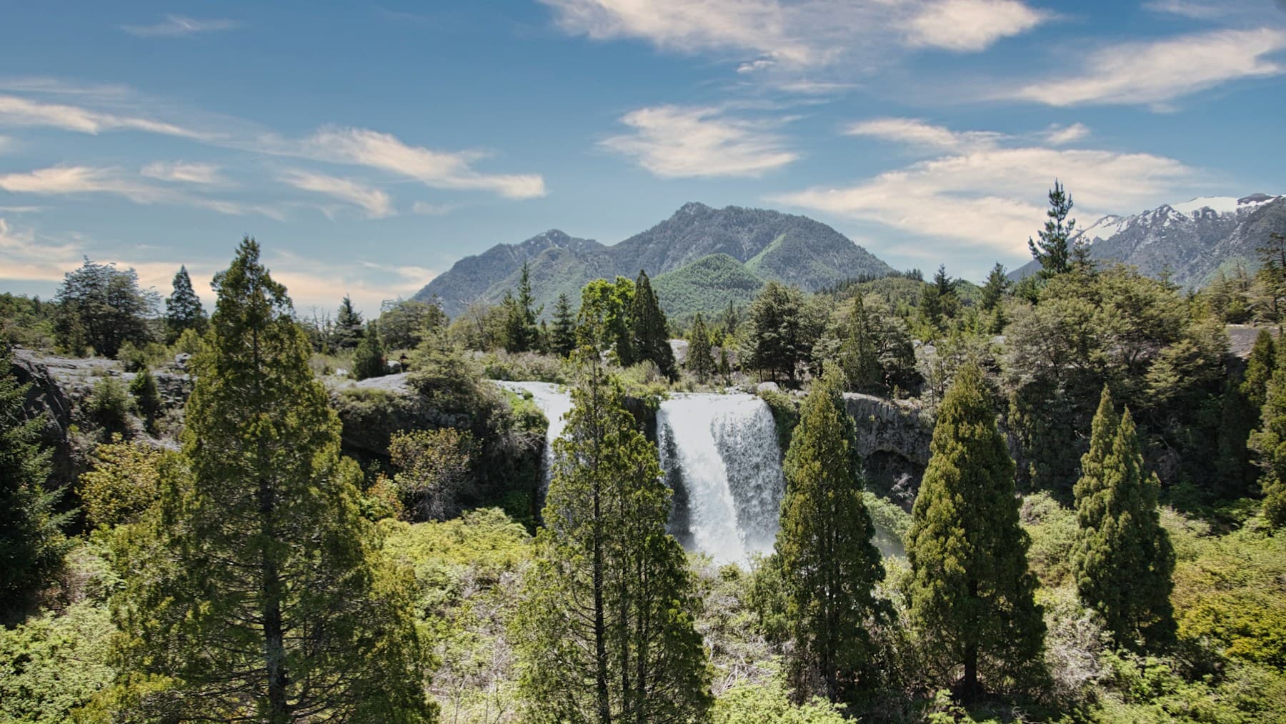 Salto de agua entre árboles y vegetación del Parque Nacional Conguillío