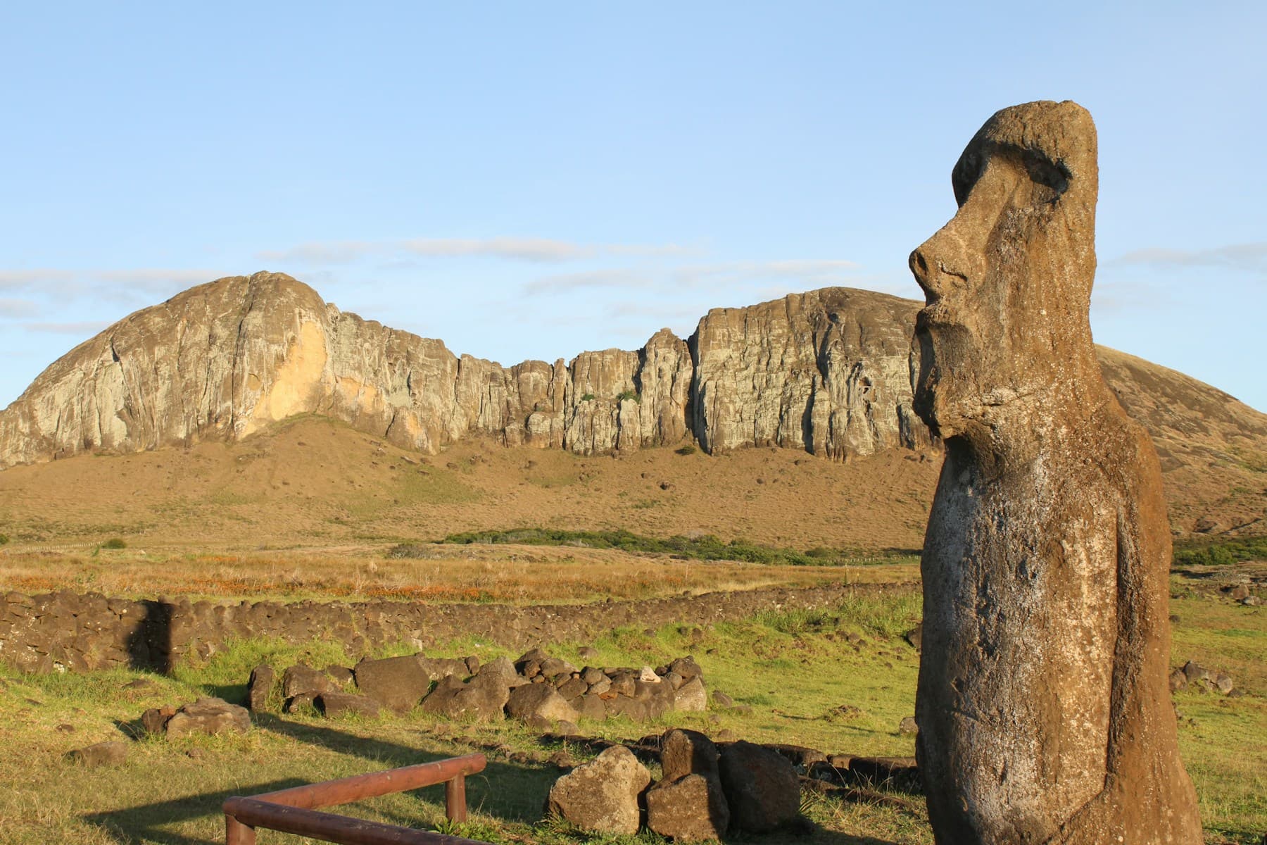 Moái de Rapa Nui sobre una pradera con cielo azul